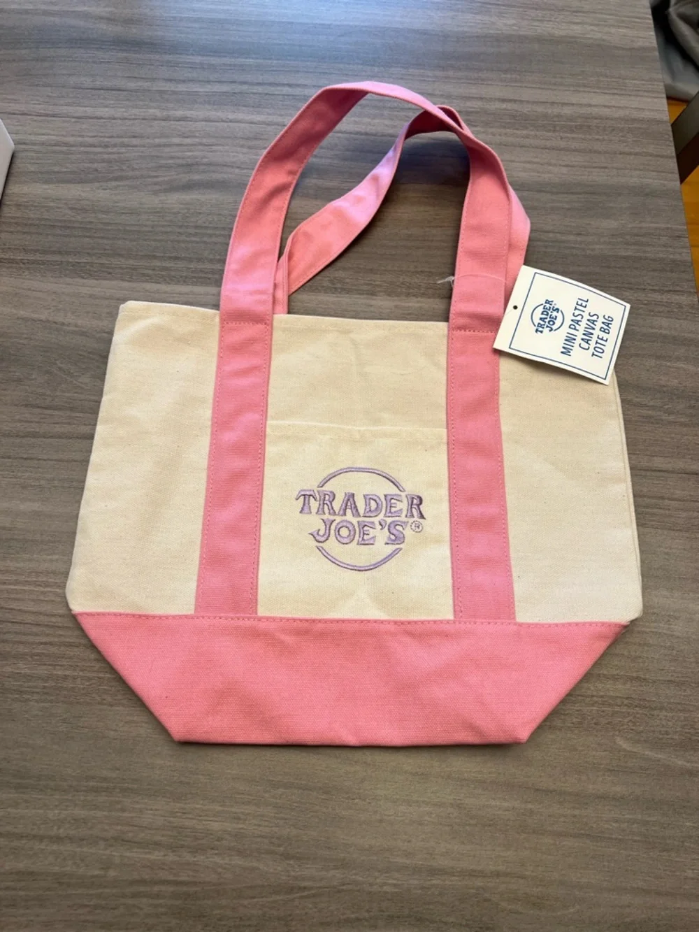 Trader Joe's Mini Pastel Pink & Cream Canvas Tote Bag With Purple Logo - Picture 1 of 7